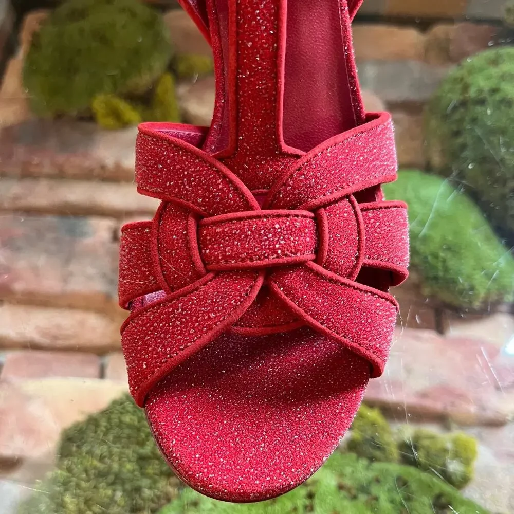 SAINT LAURENT Red Suede Glitter Tribute Heels SZ 36 (US 6) - Picture 6 of 11